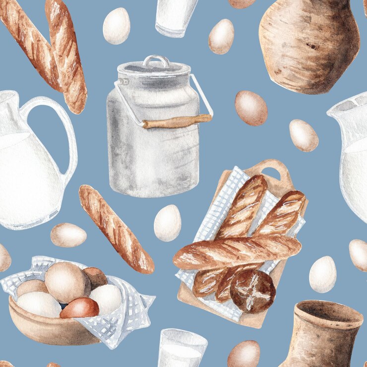 Watercolor seamless farm pattern with milk and bread Summer picnic in village Farm illustration