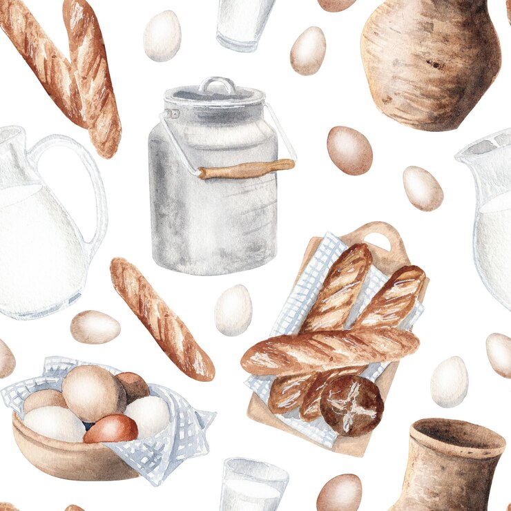 Watercolor seamless farm pattern with milk and bread Summer picnic in village Farm illustration