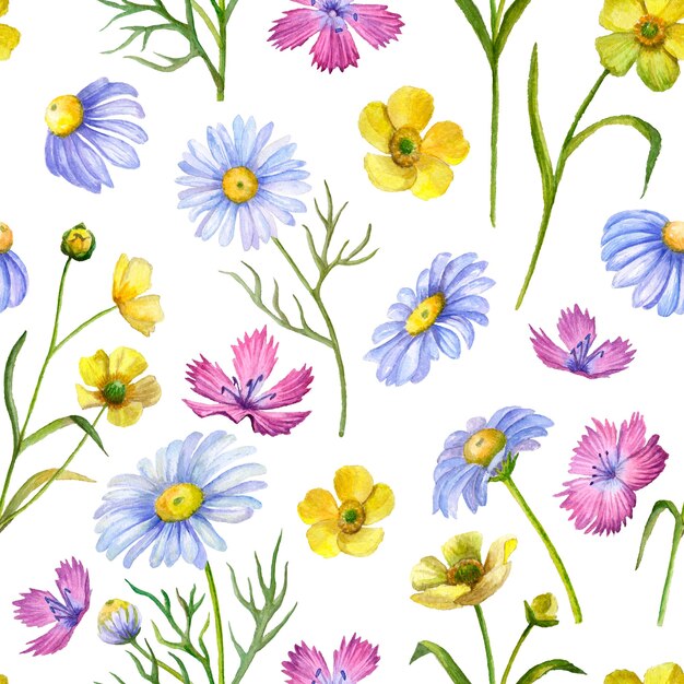 Watercolor seamless floral pattern on white background