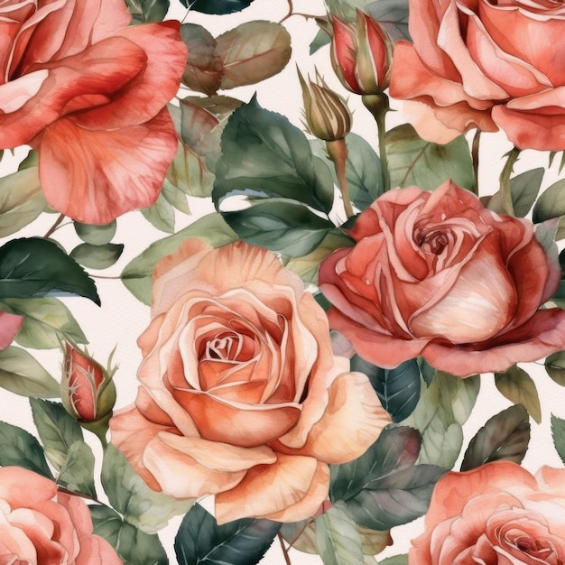 Watercolor seamless illustration of a rose surrounded by delicate foliage