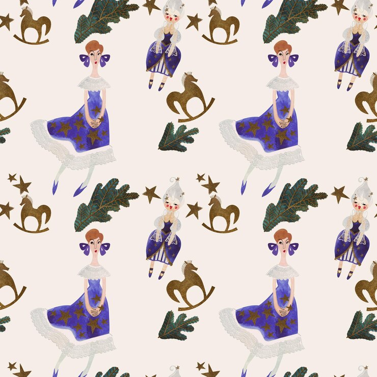 Photo watercolor seamless patern with girls dolls and stars christmas wrapping paper