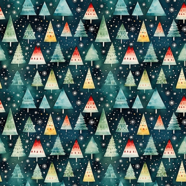 Watercolor seamless pattern abstract decorative christmas trees and snowflakes on dark background