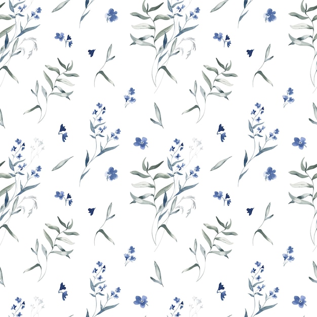 Watercolor Seamless Pattern Background with Forget Me Nots on White Background