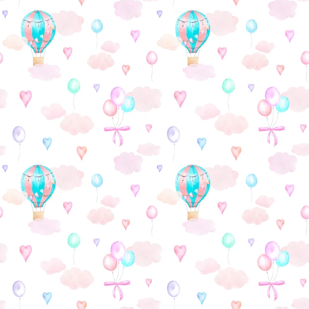 Watercolor seamless pattern of balloons in clouds on a white background Children's illustration