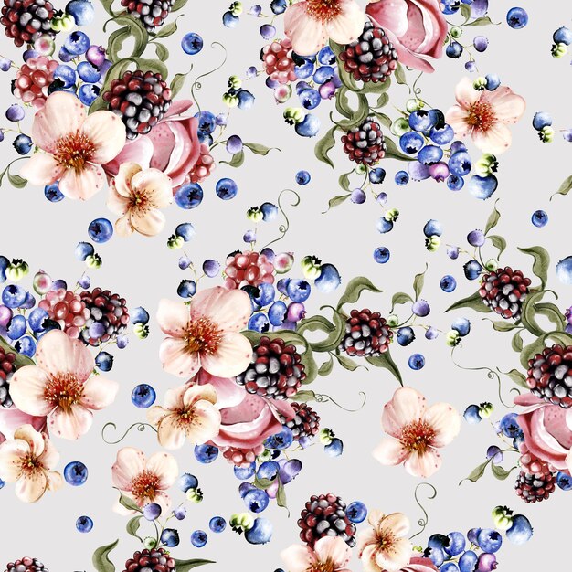 Photo watercolor seamless pattern of beautiful flowers and blackberries with green leaves illustration