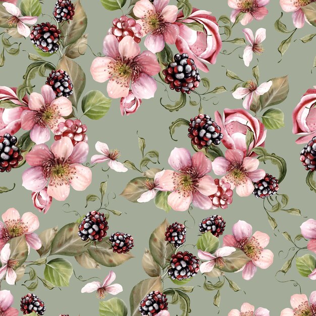 Photo watercolor seamless pattern of beautiful flowers and blackberries with green leaves