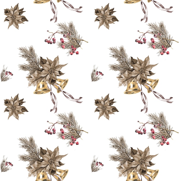 Watercolor seamless pattern bells and snowflakes