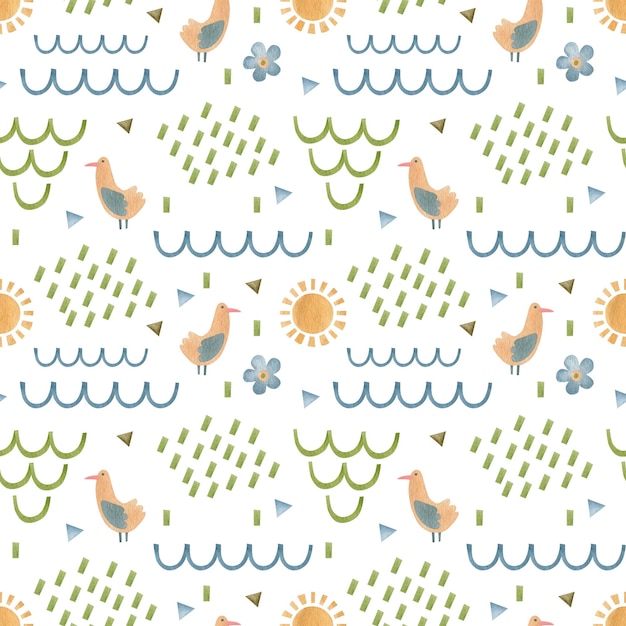 Watercolor seamless pattern bird sun abstract elements