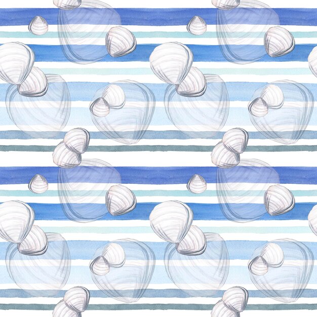 Photo watercolor seamless pattern in blue stripes of white shells watercolor illustration in marine style