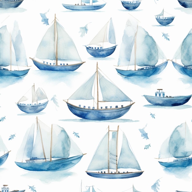 Watercolor seamless pattern of boats in blue and white on a white background