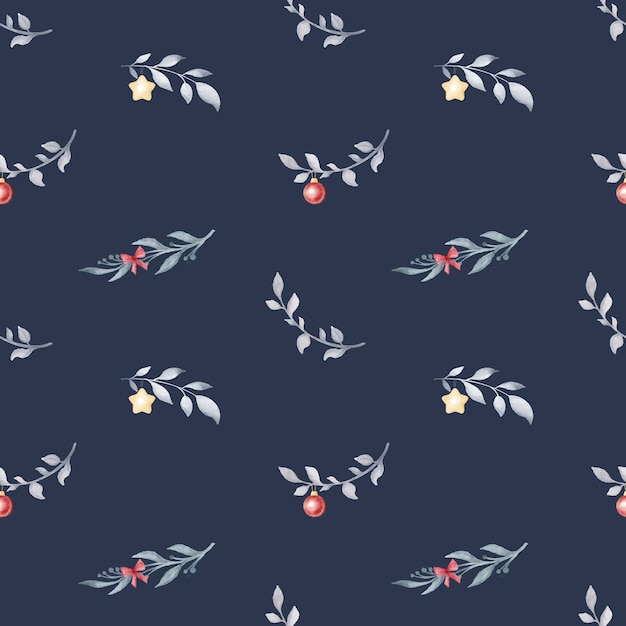 Watercolor seamless pattern. Branches with Christmas decorations balls stars on dark background