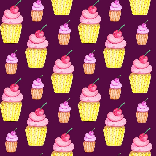 Watercolor seamless pattern of cakes