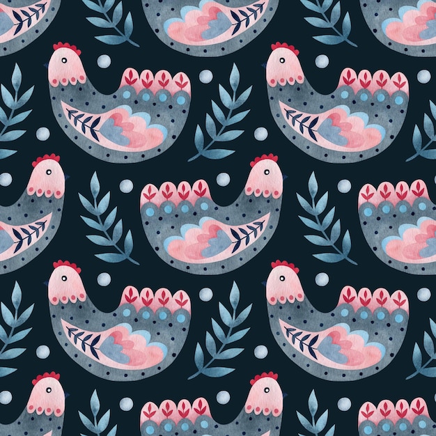 Watercolor seamless pattern chicken flowers in folk art on a blue background