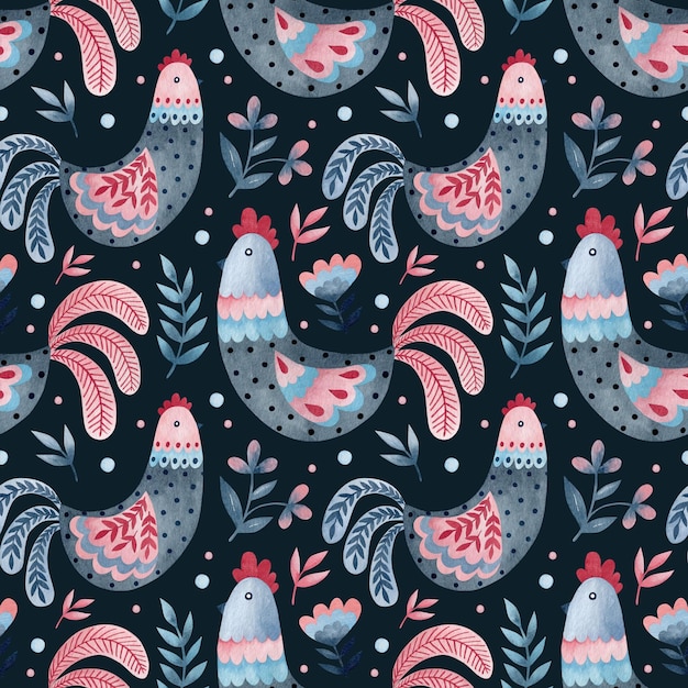 Watercolor seamless pattern chicken flowers in folk art on a blue background