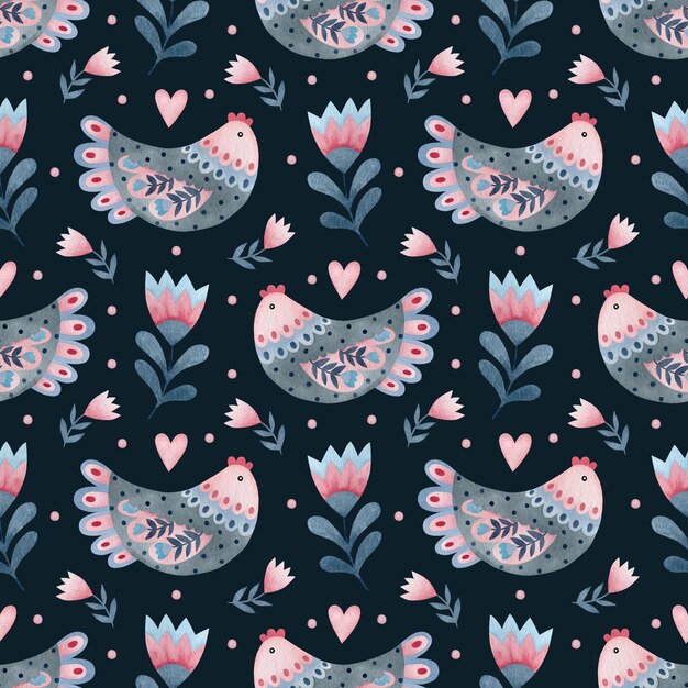 Watercolor seamless pattern chicken flowers in folk art on a blue background