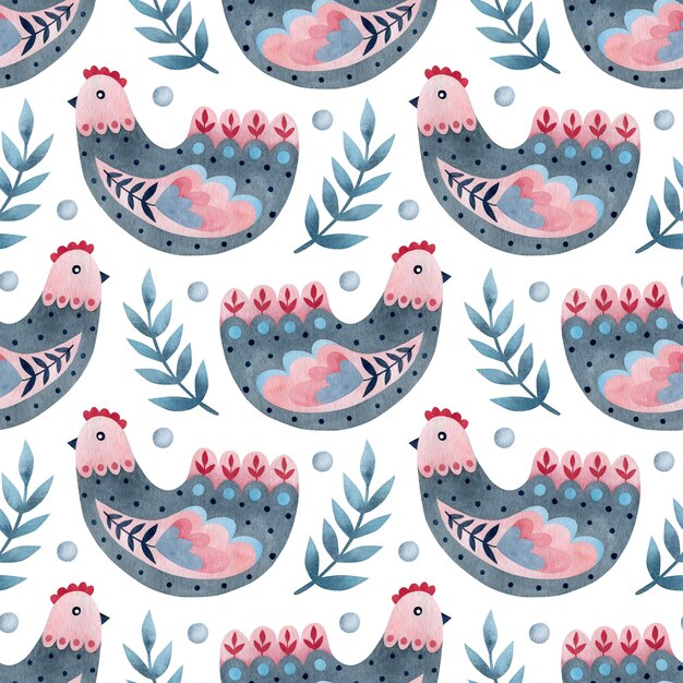 Watercolor seamless pattern chicken flowers in folk art