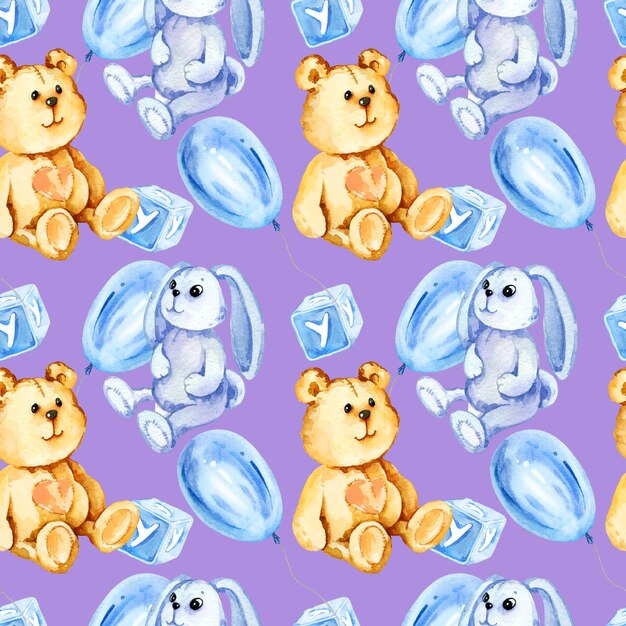 Photo watercolor seamless pattern child theme teddy bear sitting toy blue bunny air balloons blue cubes