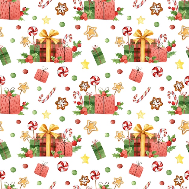 Watercolor seamless pattern of christmas tree and cute snail