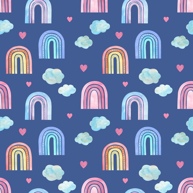 Watercolor seamless pattern of colorful cartoon style rainbows and clouds Cute childish handdrawn illustration