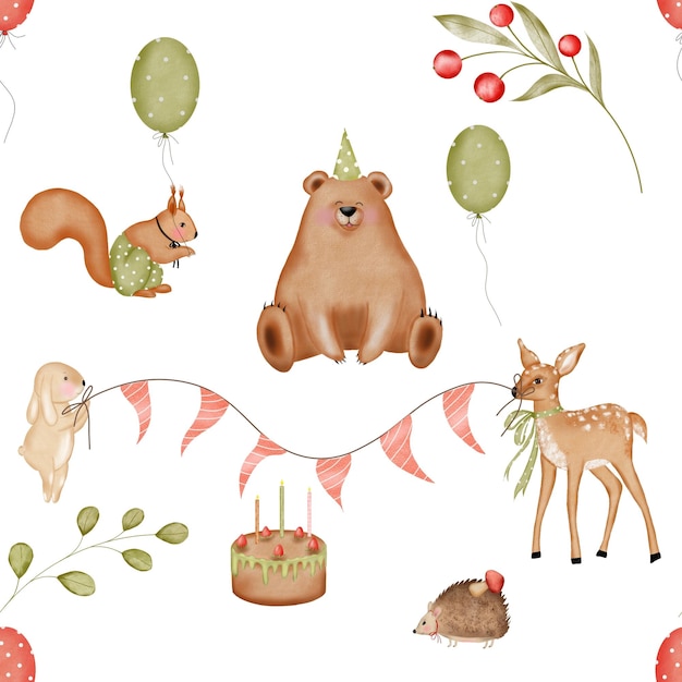 Watercolor seamless pattern of cute forest animals cute bear fawn bunny hedgehog and squirrel