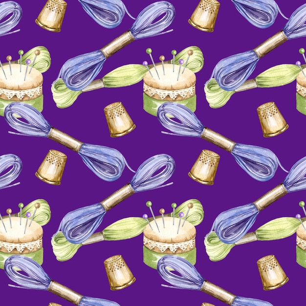 watercolor seamless pattern of embroidery theme hand drawn sketch of handiwork with flosses yarn pins thimble pincushion embroidery tools skein of thread on violet background