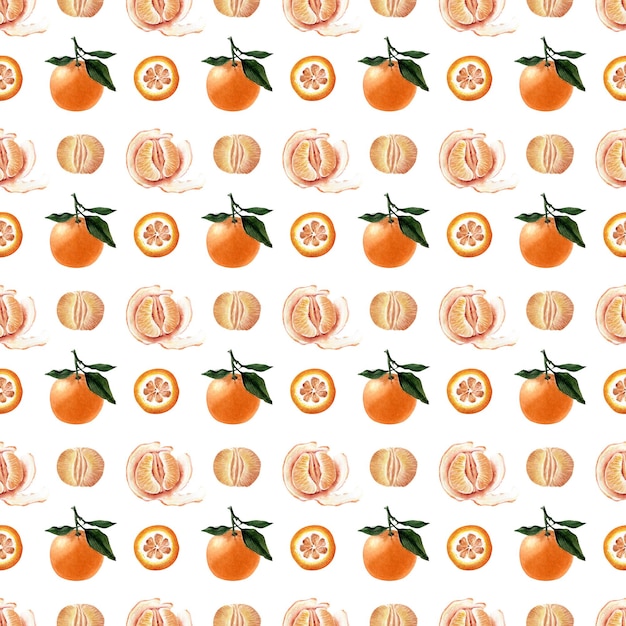 Watercolor seamless pattern of Fruits, twigs and slices of tangerine