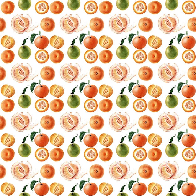 Watercolor seamless pattern of Fruits, twigs and slices of tangerine