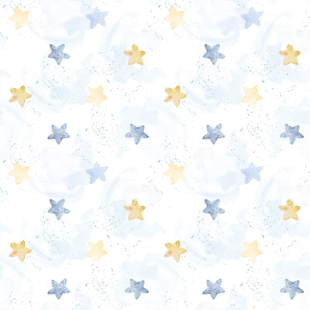 白い背景の上の水彩画のシームレスなパターン優しい金色と青の星手作りイラスト