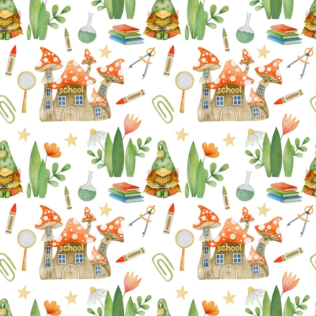 Watercolor seamless pattern gnomes back to school Forest school