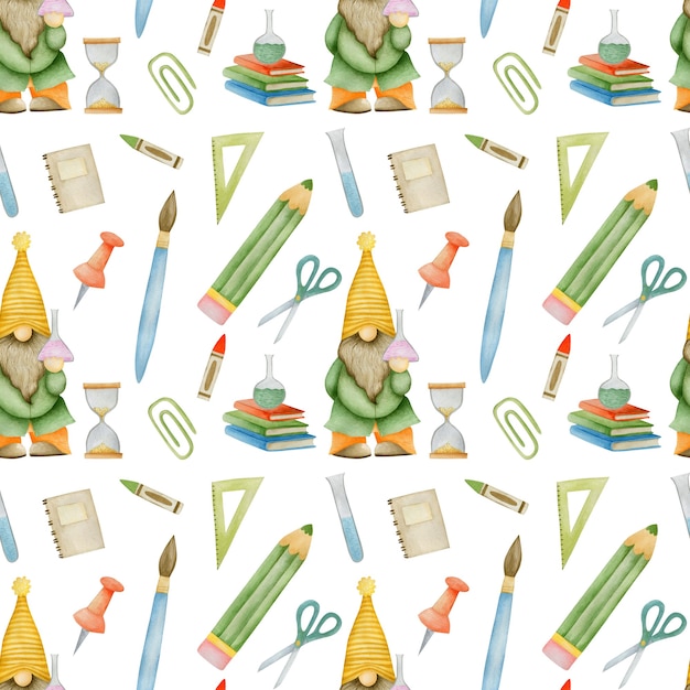Photo watercolor seamless pattern gnomes back to school forest school
