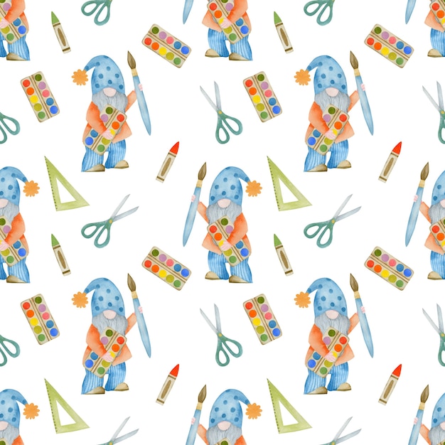 Watercolor seamless pattern gnomes back to school forest school