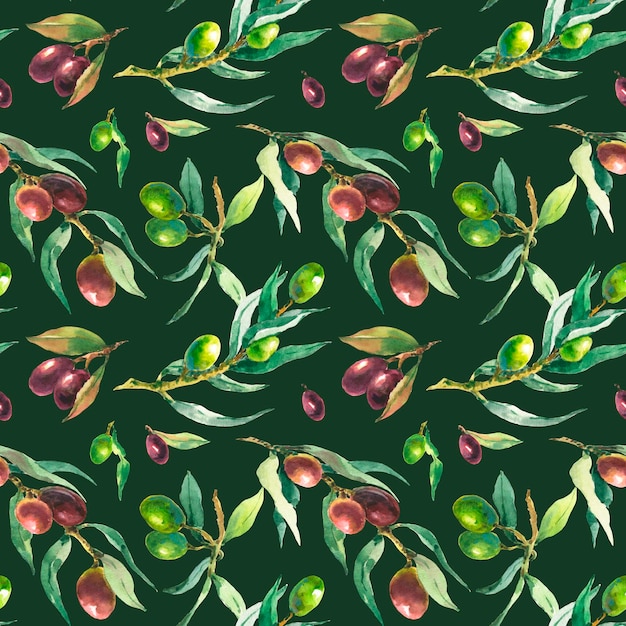 Watercolor seamless pattern of green and black olive branches on a dark green background
