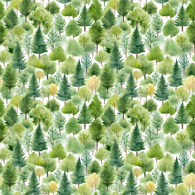 Watercolor seamless pattern of green trees forest landscape summer spring autumn print digital paper