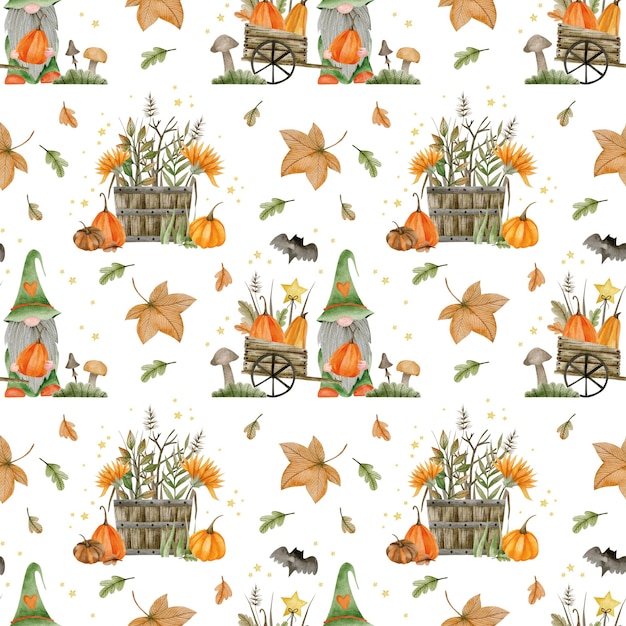 Watercolor seamless pattern for happy halloween autumn hello october