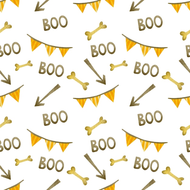 Watercolor seamless pattern happy halloween bone arrow boo flags on a white background