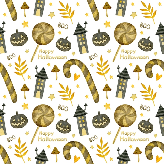 Photo watercolor seamless pattern happy halloween houses candy pumpkin on a white background