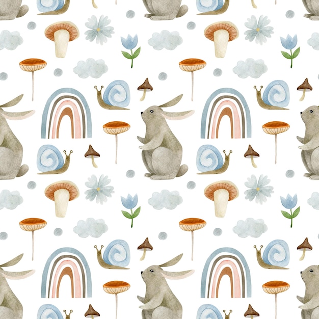 Watercolor seamless pattern hare, mushrooms, snail, rainbow. Autumn background.