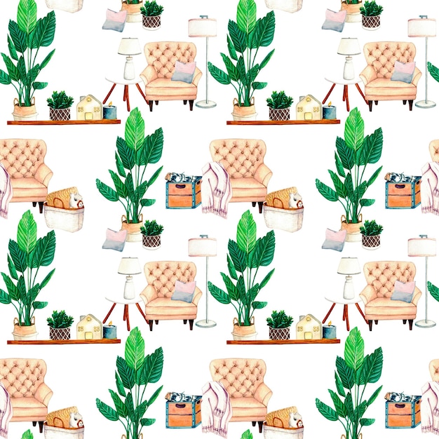 Watercolor seamless pattern home plant wax candlt lanterns armchair vase flowers table basket lama