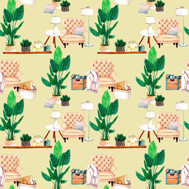 Watercolor seamless pattern home plant wax candlt lanterns armchair vase flowers table basket lama