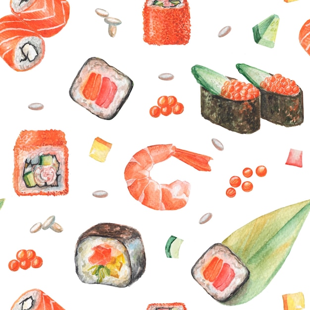 Watercolor seamless pattern of japanese cuisine - sushi, nigiri, sashimi