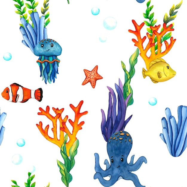 Photo watercolor seamless pattern jellyfish yellow tang fish clownfish and green blue seaweed and coral seabed ocean underwater landscape background clip art undersea bottom for kids print