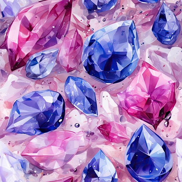 Watercolor seamless pattern of jewels and gemstones in purple and pink tiled