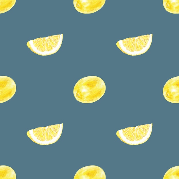 Watercolor seamless pattern lemon slices on gray background hand-painted in botanical style wedding