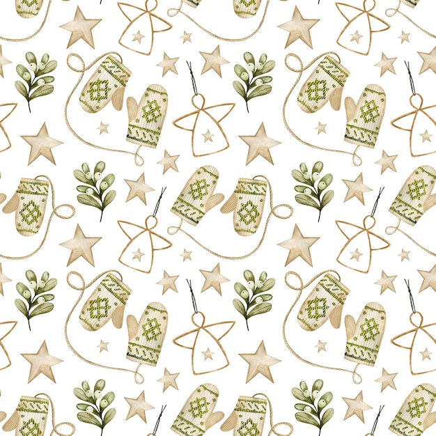 watercolor seamless pattern, merry christmas, new year on a white background.