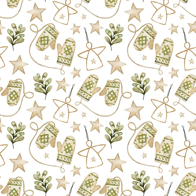 Watercolor seamless pattern, merry christmas, new year on a white background.