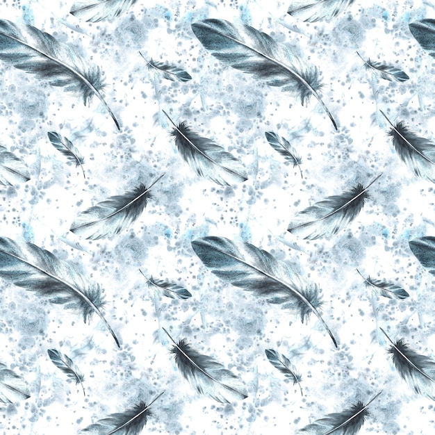 Photo watercolor seamless pattern monochrome bird feathers on grey watercolor stains background with
