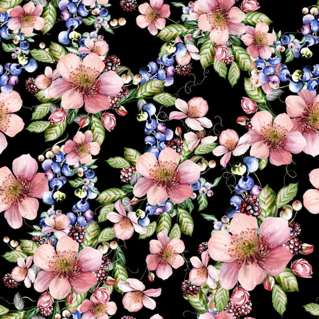 写真 緑の葉の美しい花とブラックベリーの水彩のシームレスパターン イラスト
