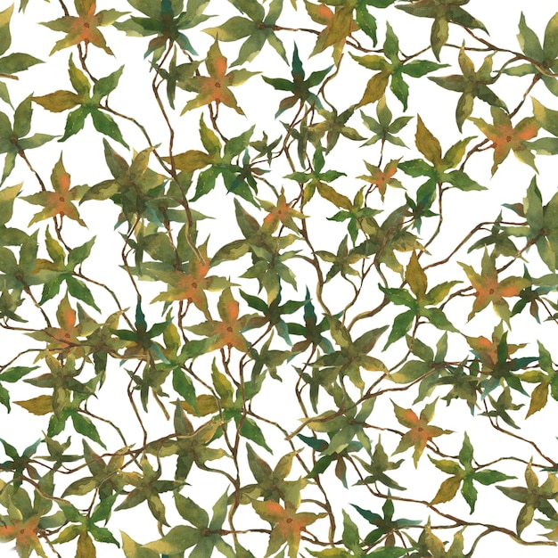 写真 白い背景がある緑の円錐形のポットにカエデの葉を持つ枝の水彩のシームレスなパターン