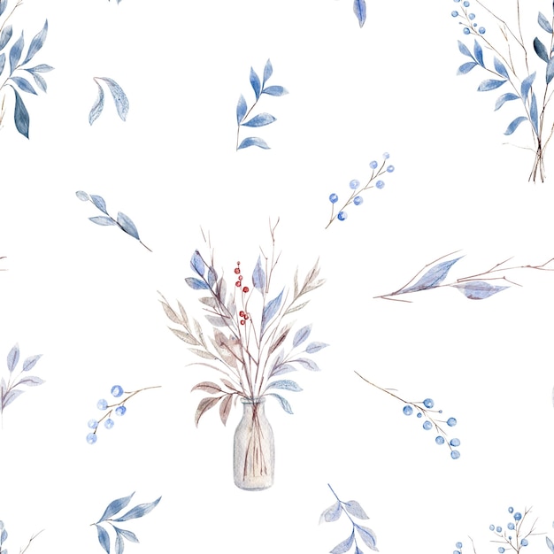 Фото Акварель беспроводный рисунок растений с голубыми и коричневыми ветвями