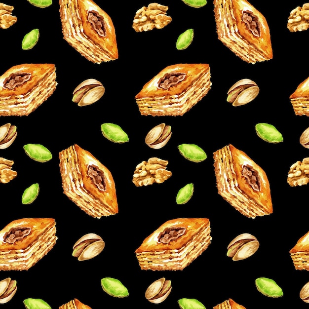 watercolor seamless pattern oriental sweets and pistachio illustration of traditional Turkish sweets